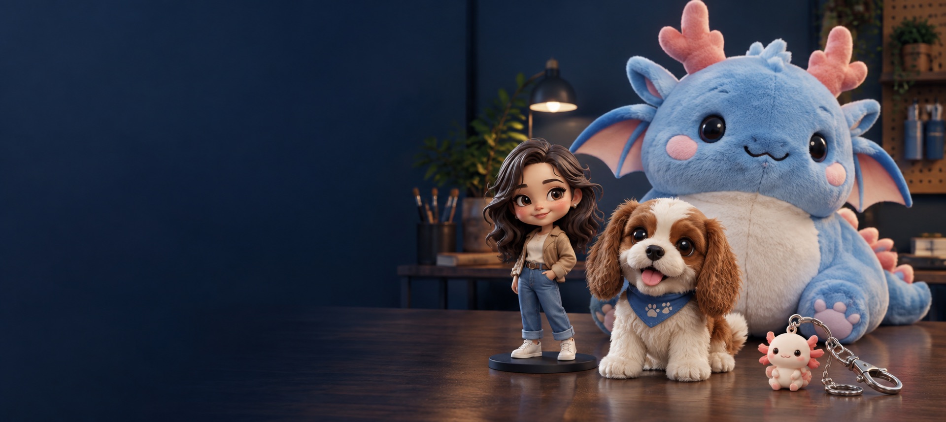 A pet plush, personalized figurine, large plush toy and custom keychain in a studio